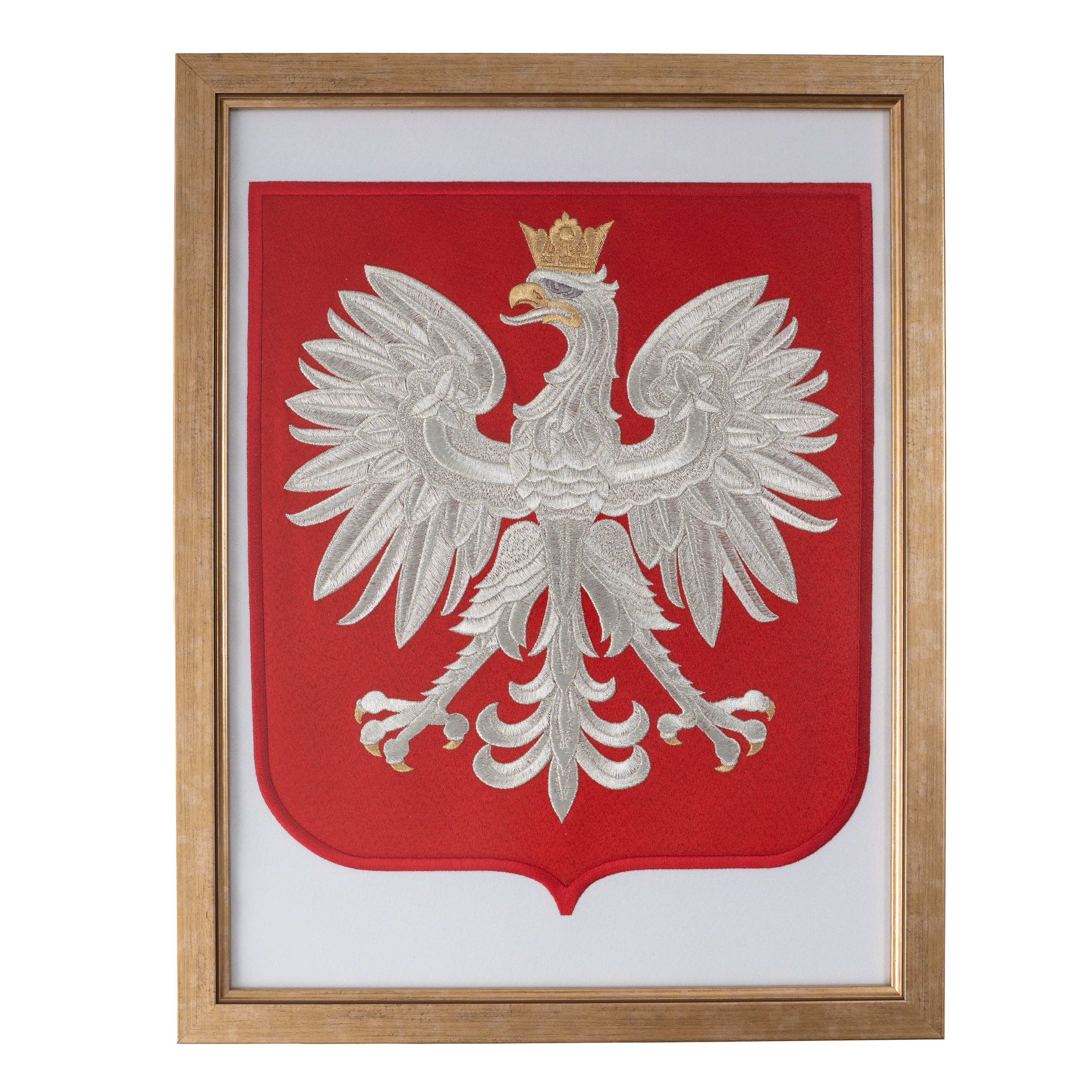 Godło drukowane w pozłacanej drewnianej oprawie 30x40 cm.
