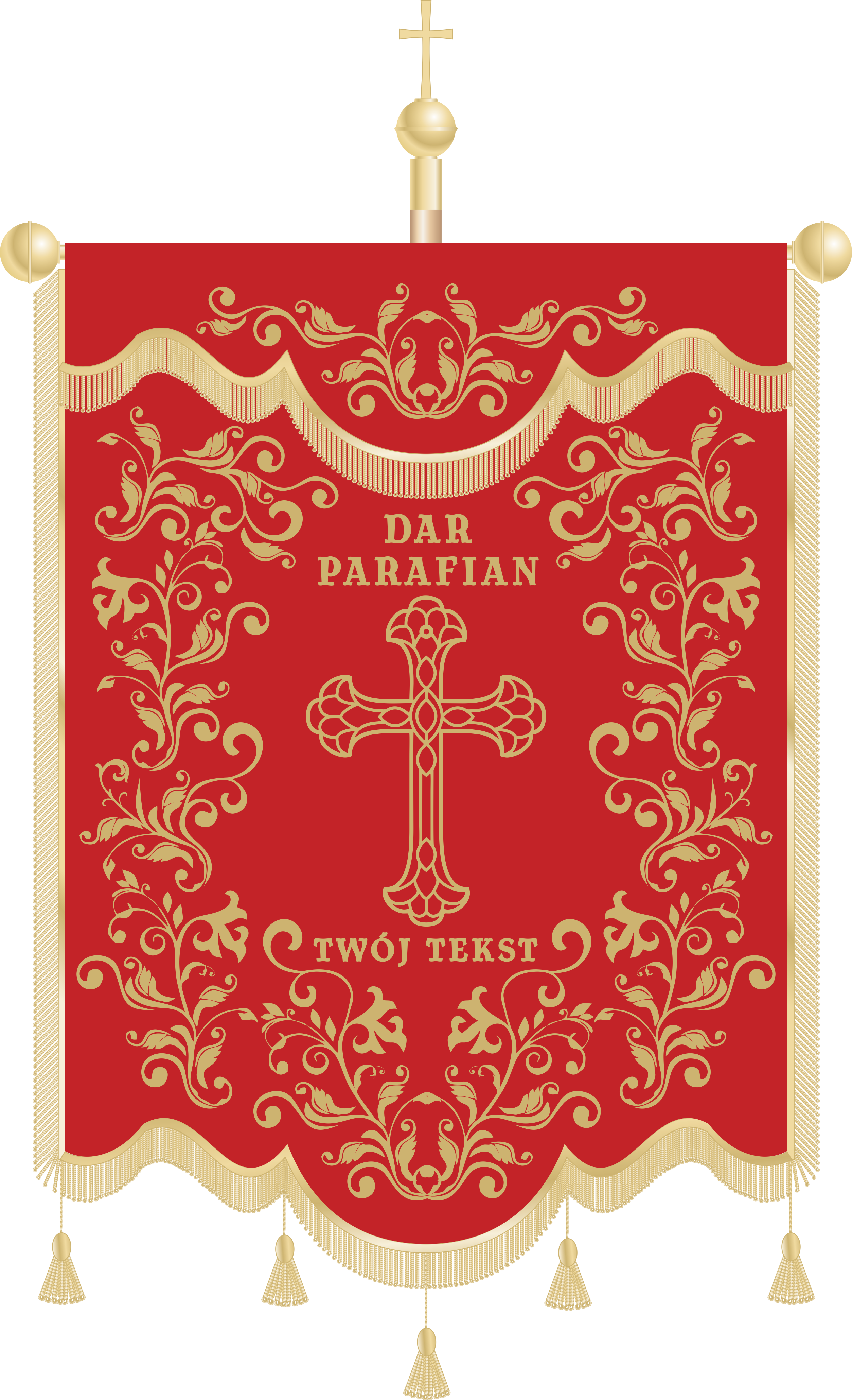 Chorągiew haftowana CHN 015 - Motyw krzyża z własnym tekstem na czerwonym tle